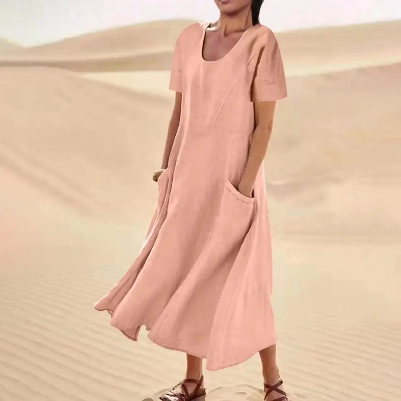 Robe Longue Femme Coton Lin – Manches Courtes, Légère & Avec Poches