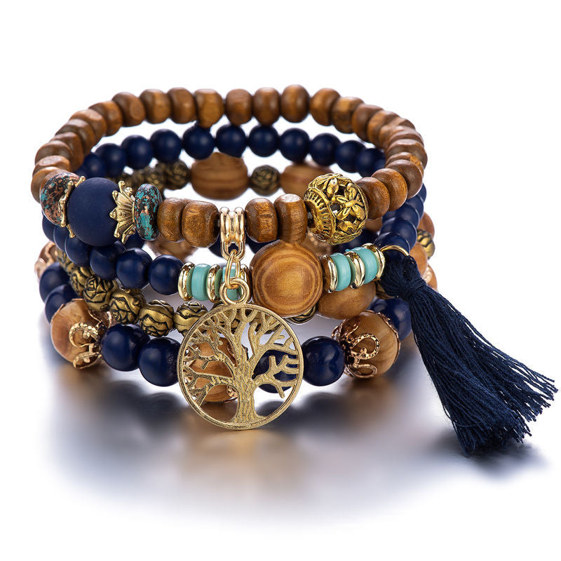 Ensemble de bracelets en perles de style bohémien avec arbre de vie pour femmes, perles en bois faites à la main, chaîne, Bracelet femme, 4 pièces