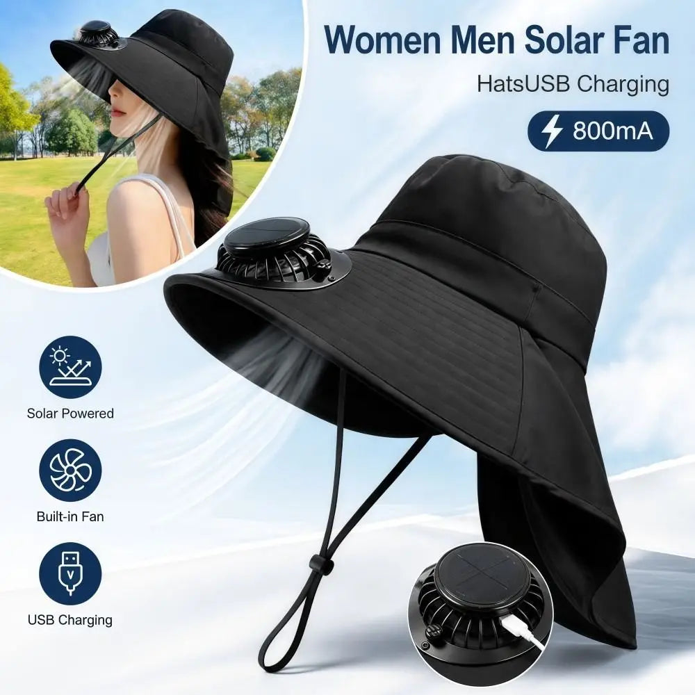 Chapeau Ventilateur Solaire  et Rechargeable USB – 800 mAh, Été & Activités Extérieures