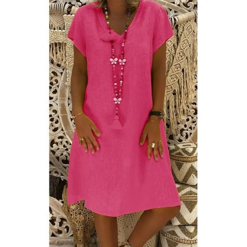 Robe Femme Col V Unie – Manches Courtes, Casual & Confortable