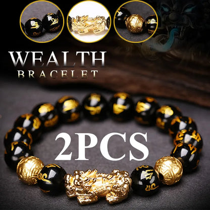 Bracelets en obsidienne noire Feng Shui pour hommes et femmes, perles en pierre d'obsidienne, bracelet Pixiu Rick, bijoux porte-bonheur, 2 pièces