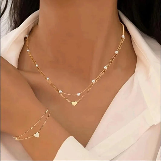 Set Collier & Bracelet Perles Cœur – Doré ou Argenté