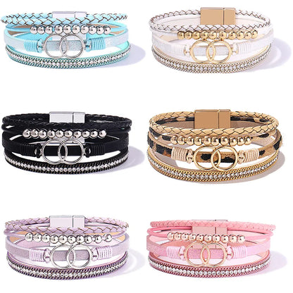 Bracelet en cuir tissé multicouche pour femmes, 17 Styles, couleurs assorties, Double boucle magnétique, ornements pour la main