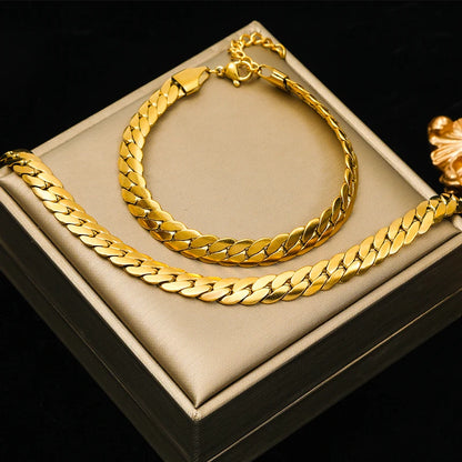 Set Collier & Bracelet Dorés Femme – Chaîne Plate Acier Inoxydable