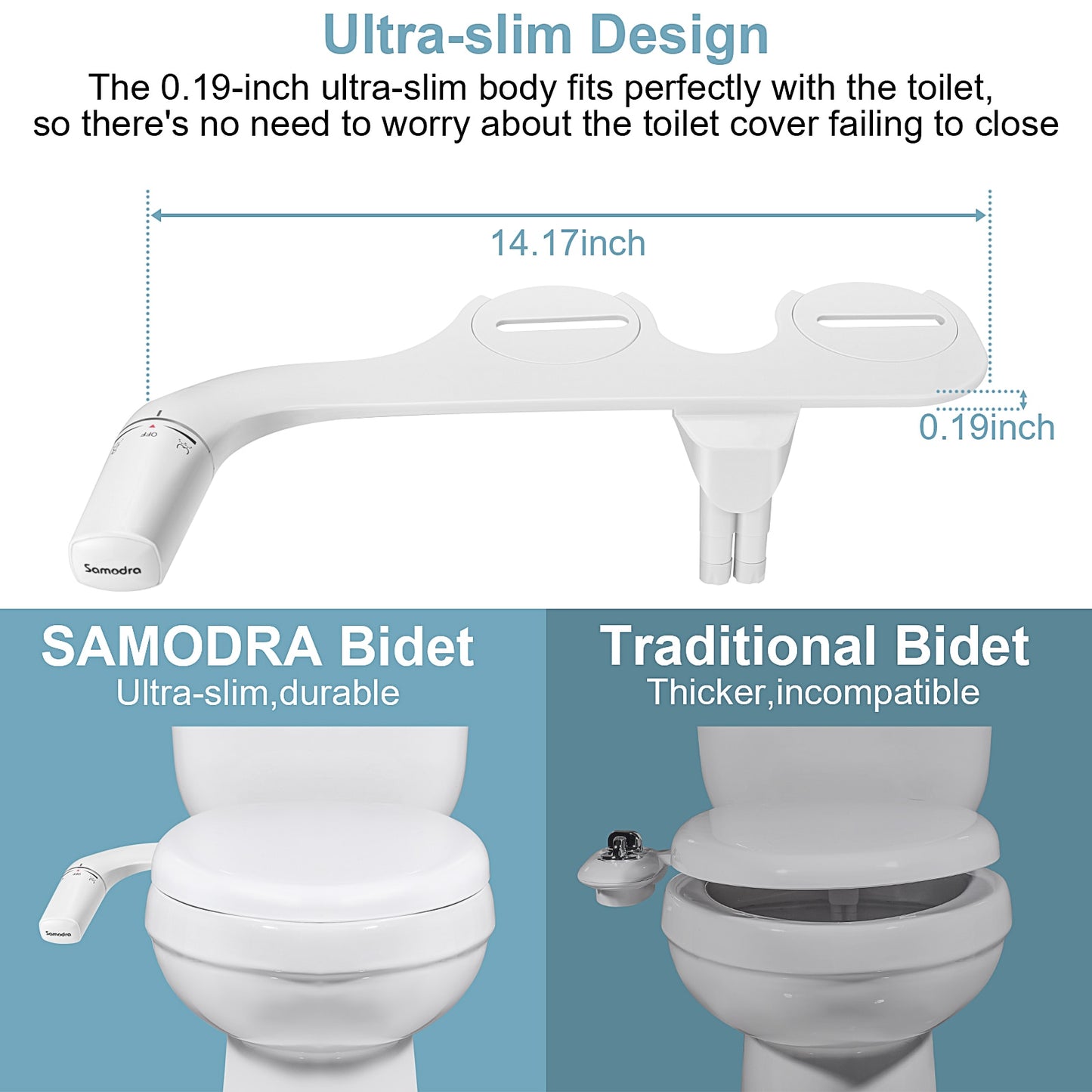 Bidet Ultra-Mince, Bidet Minimaliste pour Toilette Sans Electricité (Lavage Avant et Arrière), Pression d'Eau Réglable, Attache de Siège de Toilette à Eau Fraîche, Facile à Installer