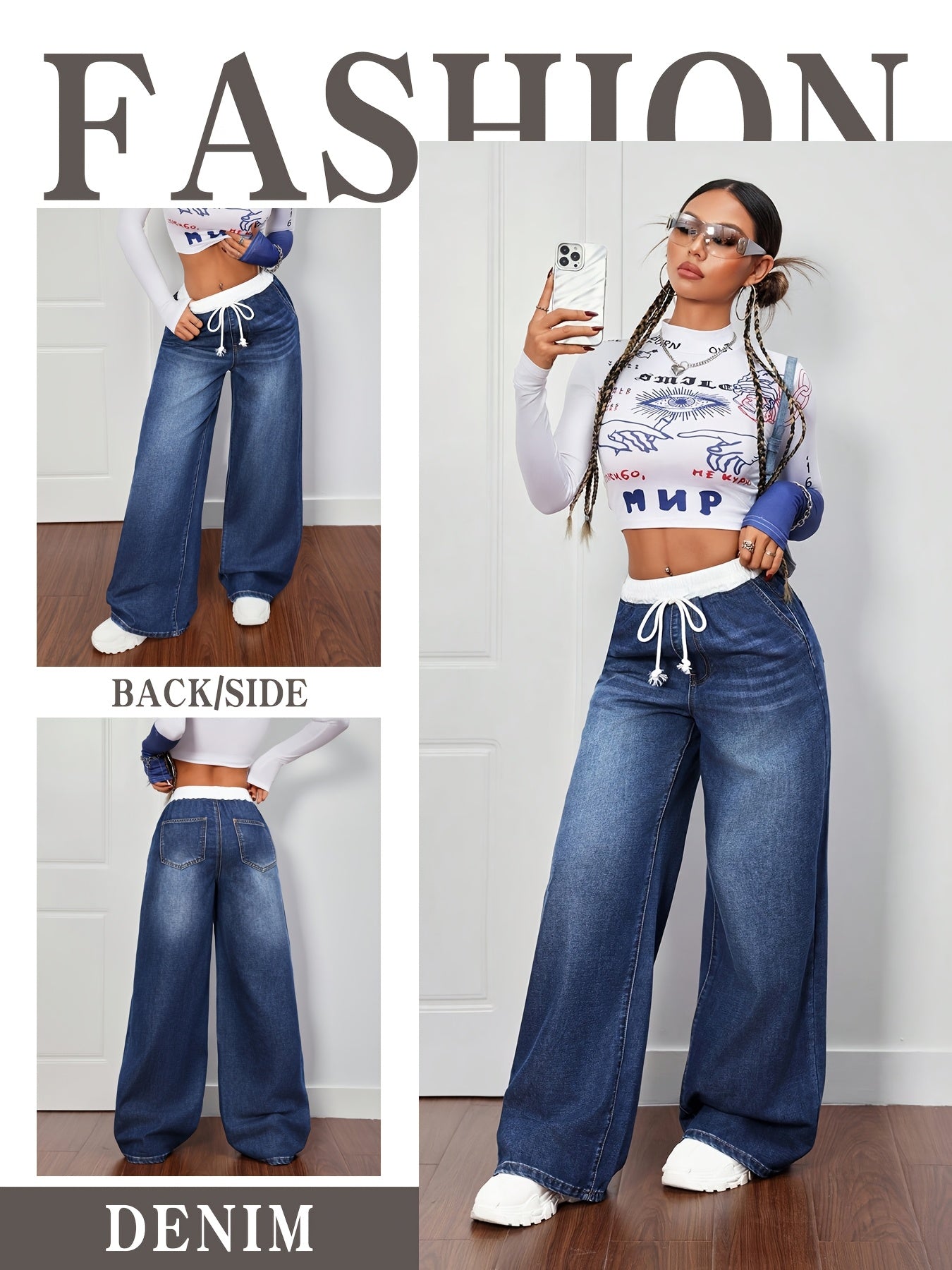 Jean Femme Large à Cordon – Coupe Bootcut Confort Casual