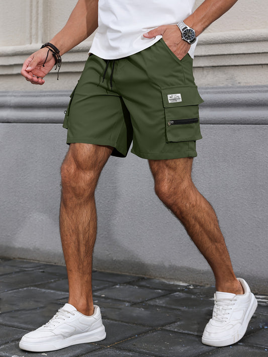 Short cargo pour homme avec cordon de serrage et poches à rabat, couleur unie, coupe ample et tendance pour les tenues décontractées