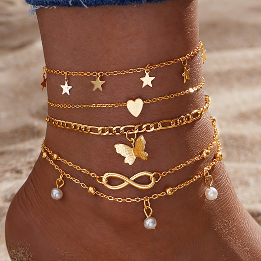 Bracelets de Cheville Bohème (Lot de 4) – Charms Or & Perles
