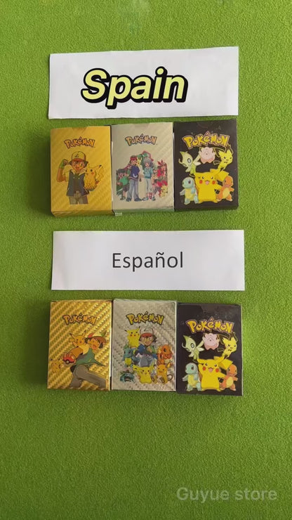 Cartes Pokémon en Métal Or Argent, Modèle FR,ES,EN Vmax GX, Carte d'Énergie, Collection Rare, Pikachu et Dracaufeu, Idée Cadeau